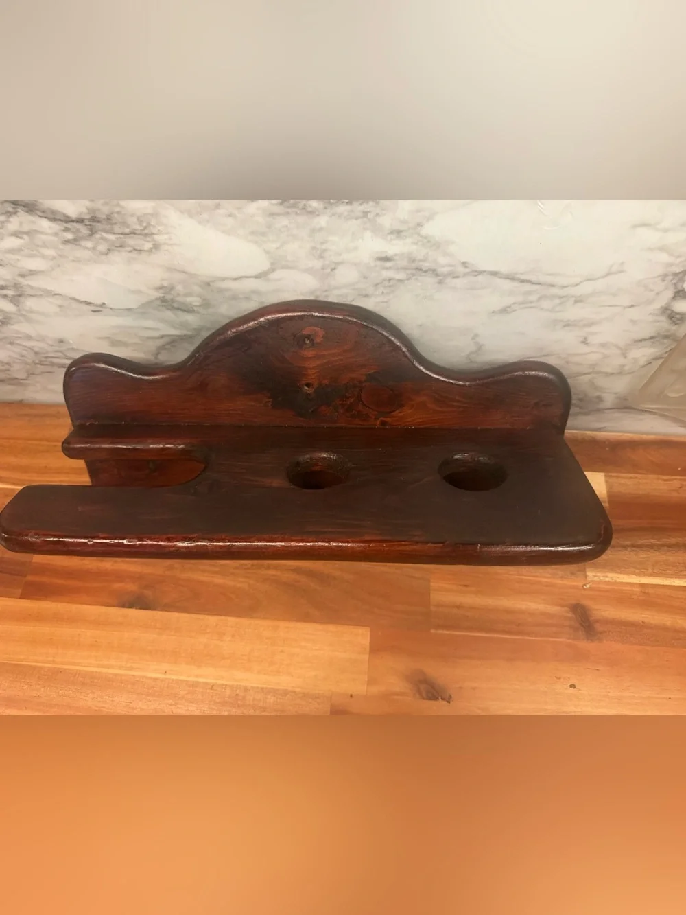 Wood Wall Shelf with Pegs in Dark Brown